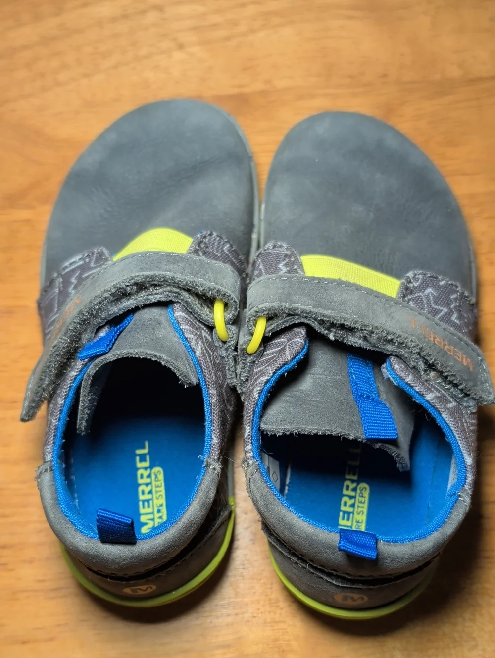 Merrell Kids Gray Sneakers with Blue and Yellow Accents